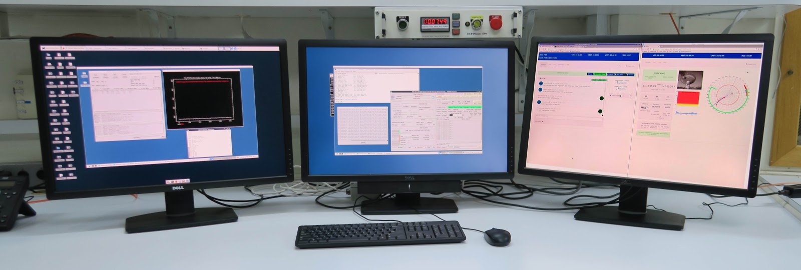 A typical setup for remote observing. L-R: Screen 1 with VNC2 running the correlator software; Screen 2 with VNC1 running the primary observing software; Screen 3 with the PORTAL and FROG. NOTE: This three screen setup is not essential, but it does allow for easy visual monitoring of the observation. Also to note for UWL observations, the first screen would be replaced with an additional web browser window containing DHAGU? and the second would show the VNC1 desktop but with the UWL GUI for LNA control and OPERFCC for receiver translation.